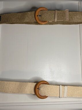 2 Woven Natural Straw Belts with Wood Ring Buckles